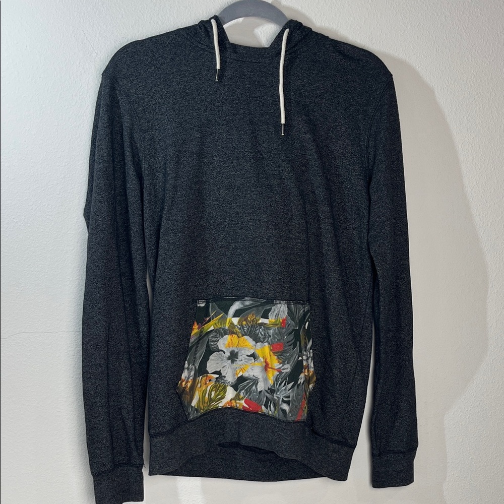 On the Byas Dark Gray Hoodie with Floral Pocket and Hood Neutral Gender